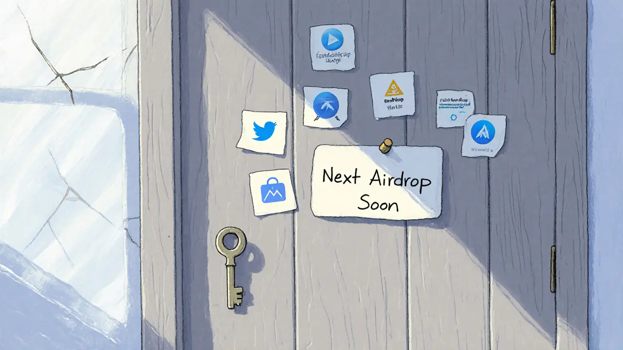 A closed door with sticky notes of crypto platforms and a single key, waiting for the next airdrop.