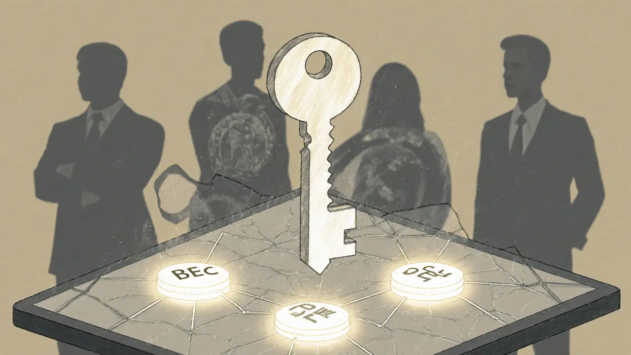 A fragmented key above a blockchain screen, with blurred regulatory symbols in the background.