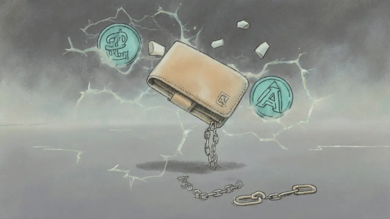 A lone wallet dissolving in mist with ghostly crypto tokens fading away in a void.