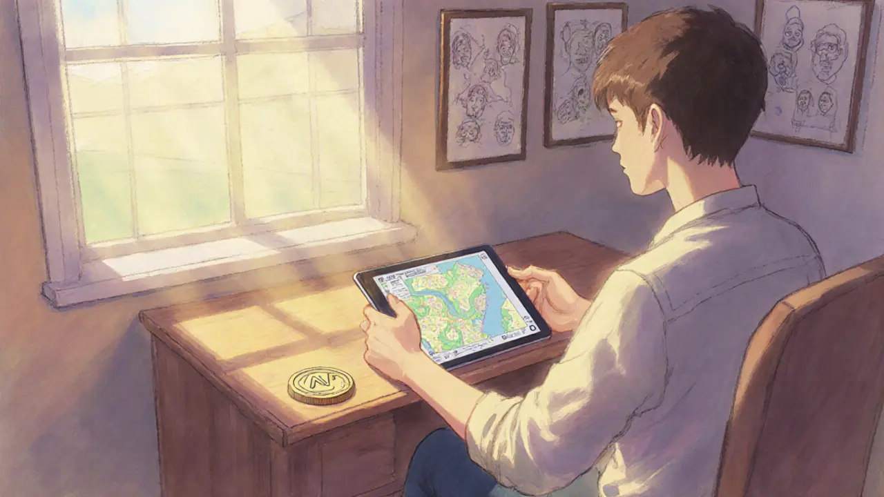 A person at a desk viewing a 3D metaverse map, with a NUUM token medallion on the desk.