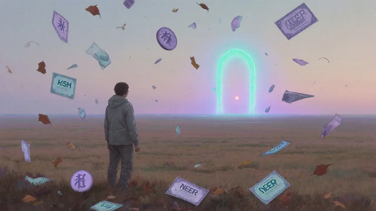 A solitary figure gazing at a glowing portal in an empty digital plain, surrounded by dissolving tokens.