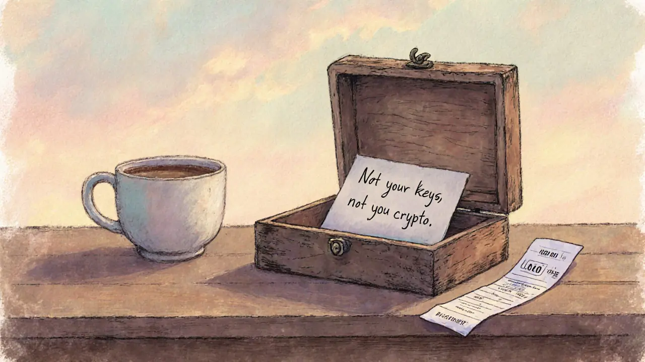 An open wooden box with a hardware wallet and a handwritten note, under soft dawn light.