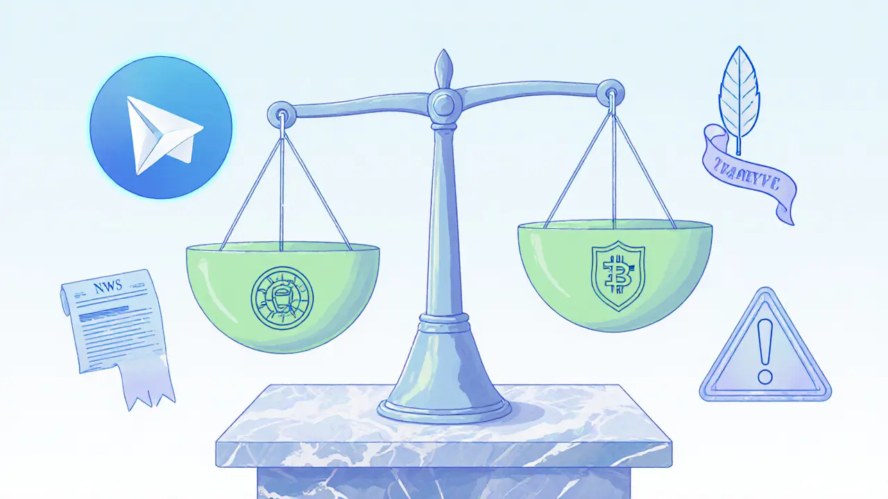 Balanced pastel scale comparing mining pools to an airdrop feather, surrounded by risk icons.