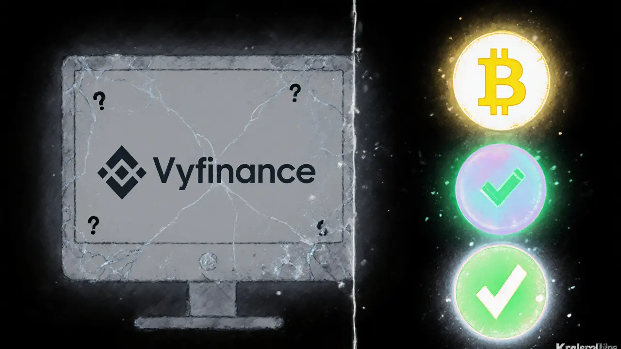 Comparison scene showing VyFinance’s dim logo beside bright icons of Binance, Coinbase, and Kraken.