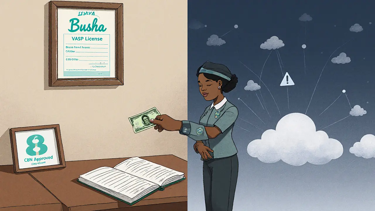 Contrast between a local licensed exchange with bank integration and an offshore platform lacking licenses.