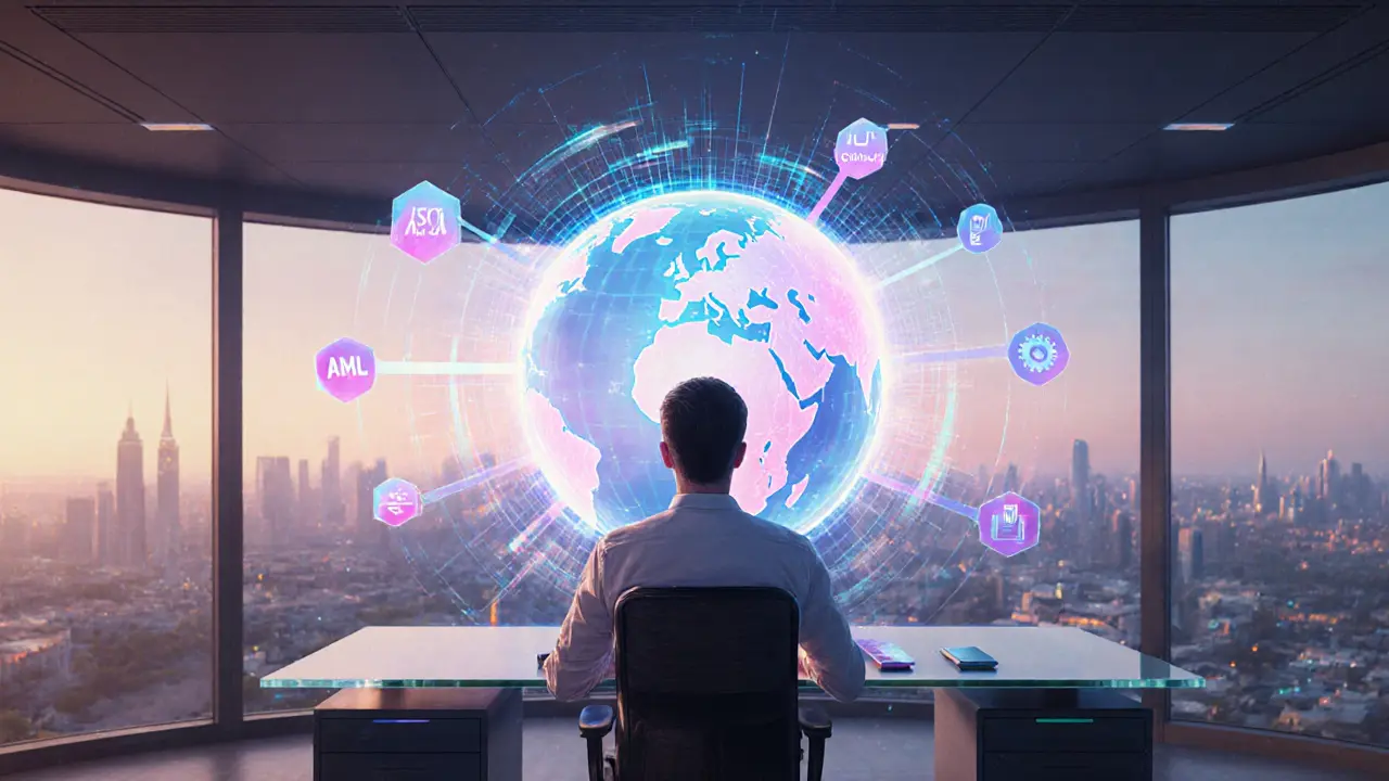 Developer monitors holographic globe with pastel data streams for AI underwriting and compliance.