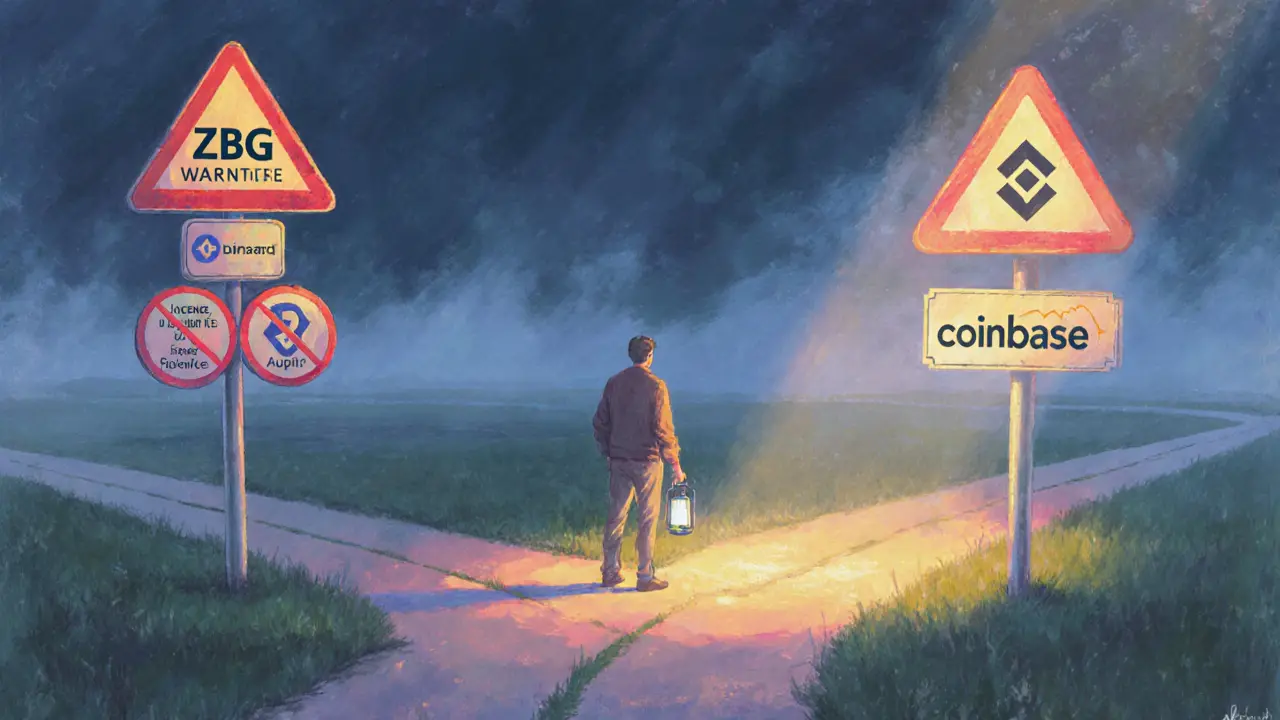 Diverging road with a ZBG warning sign on one side and bright Binance/Coinbase signs on the other.