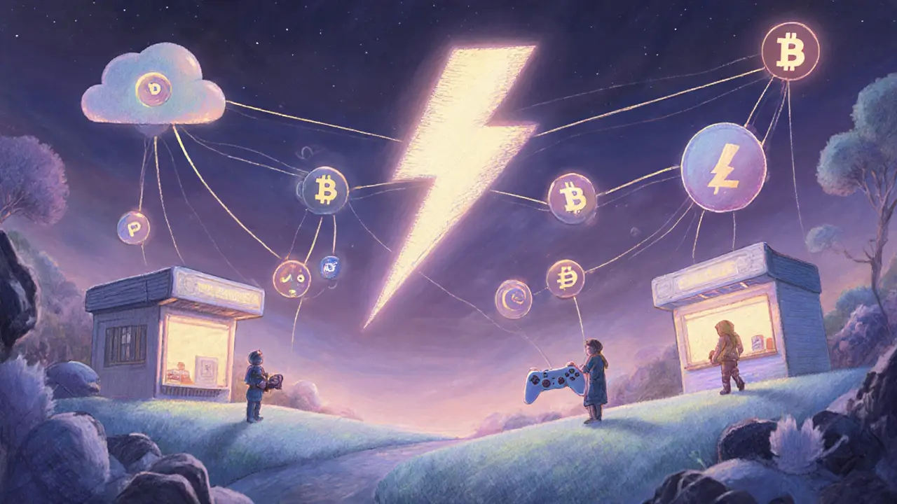 Future landscape of IoT devices, gaming avatars, and micro‑payment kiosks linked by pastel state‑channel threads.