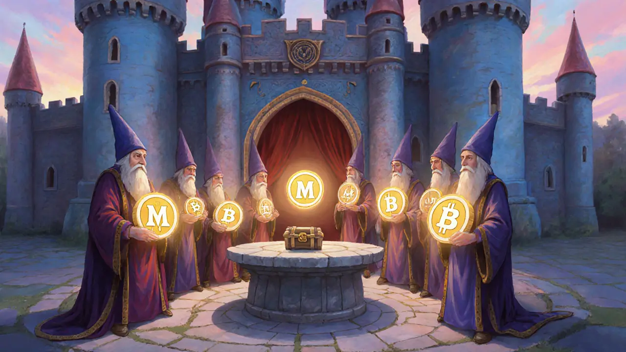 Guild of wizards staking tokens before a grand castle.