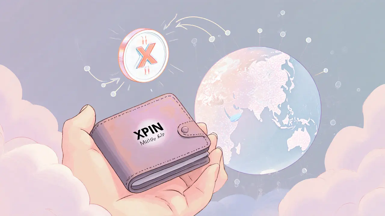 Hand holding a wallet displaying XPIN token and a dynamic NFT for Xtella.AI.