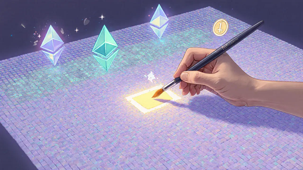Hand paints a pixel on a giant pastel digital canvas with Ethereum and 1MIL tokens.