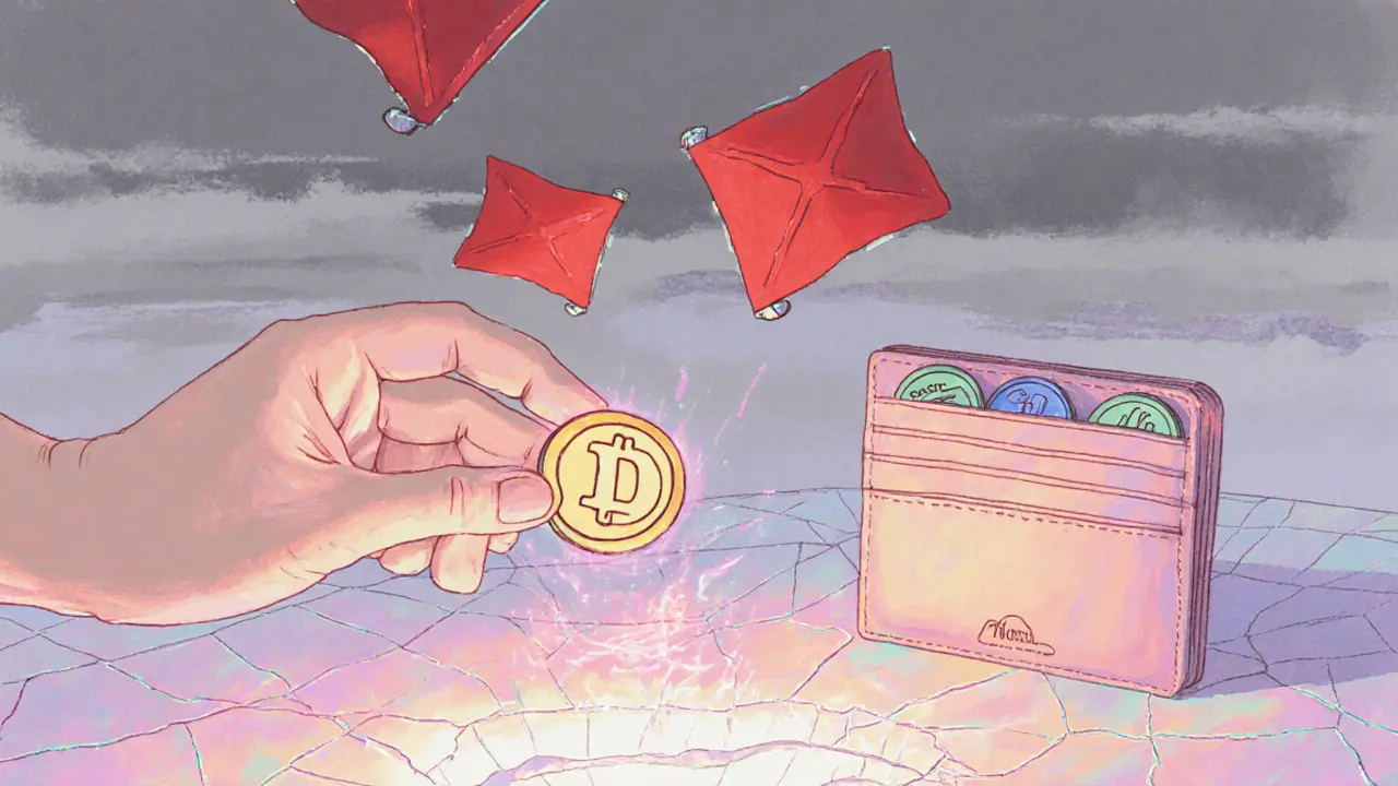 Hand releasing a tiny Defiant token toward a void, with a pastel hardware wallet and red‑flag symbols.