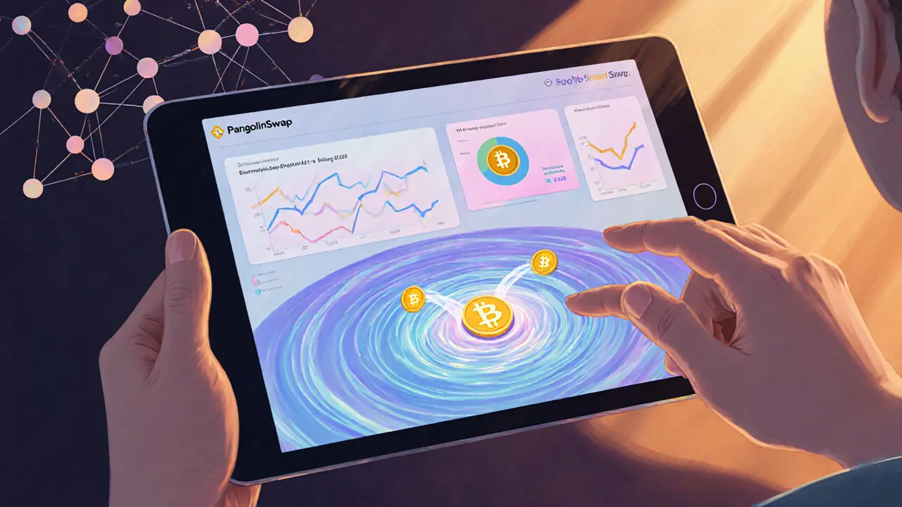 Hands using a tablet to stake tokens in a mining dashboard with pastel charts and flowing pool vortex.