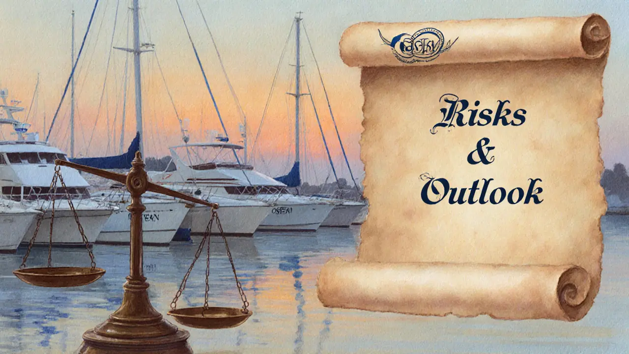 Harbor with pastel yachts, scroll labeled Risks &amp; Outlook, and balance scale.