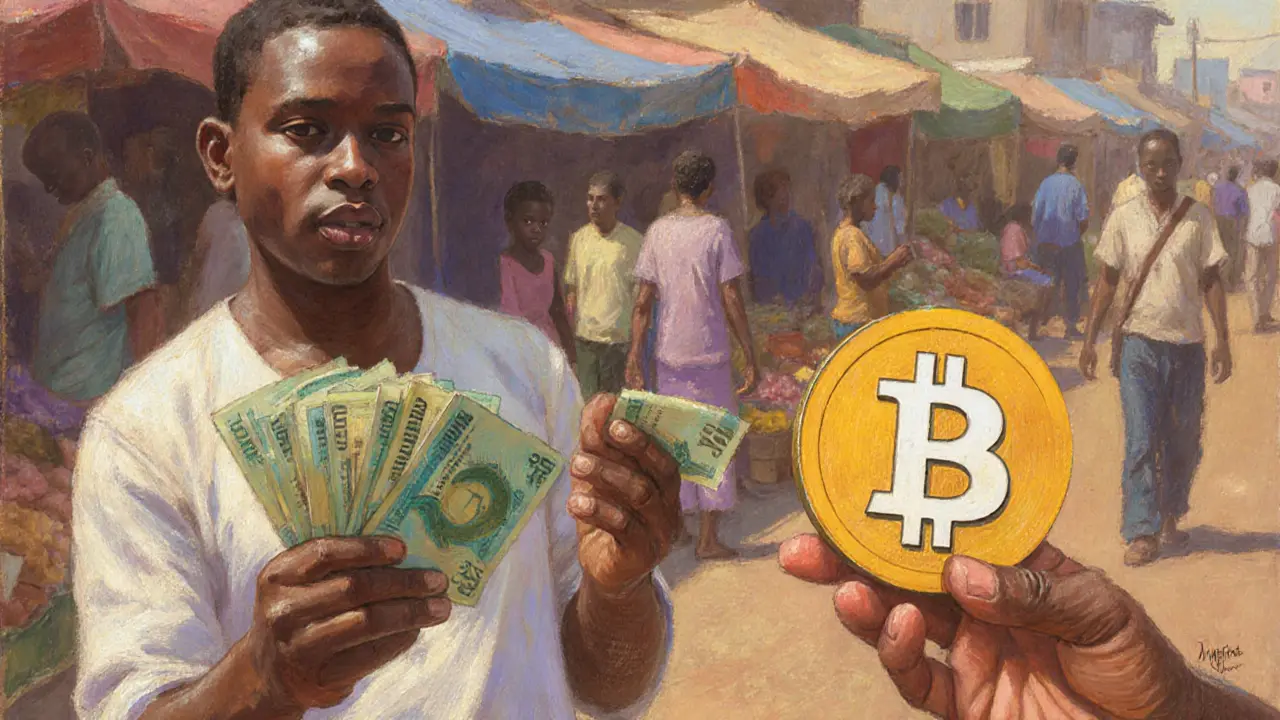 Market vendor accepting Naira instead of Bitcoin in Lagos.