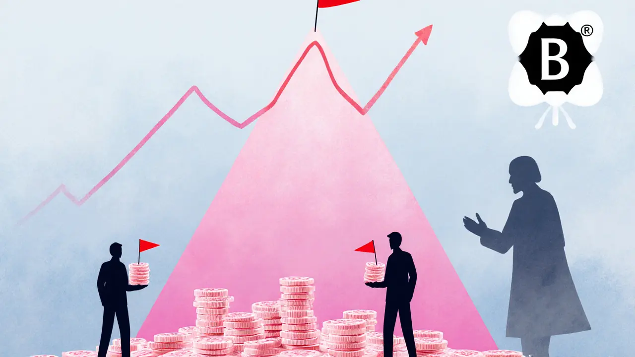 Pastel chart of PINK token price spike and crash with investor silhouettes.