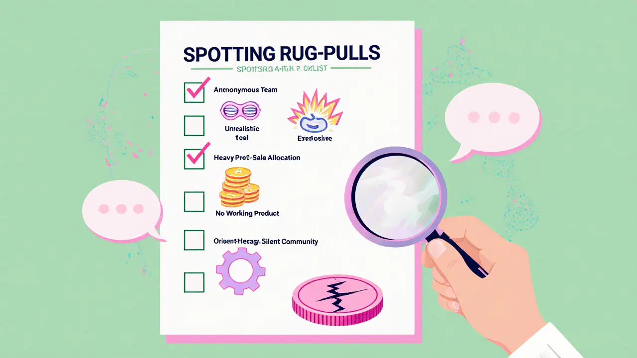 Pastel checklist of rug‑pull warning signs with a cracked pink token.