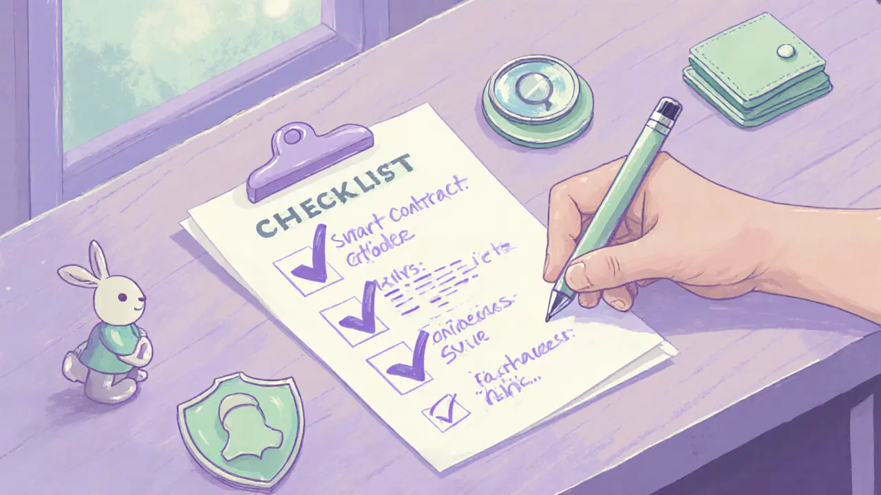 Pastel checklist with icons for wallet, smart contract, and social verification.