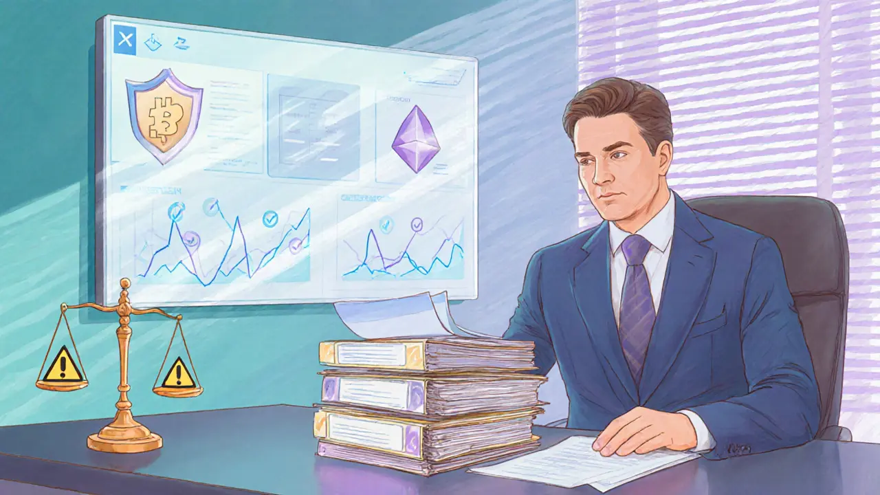 Pastel drawing of a regulator reviewing crypto platform compliance documents.