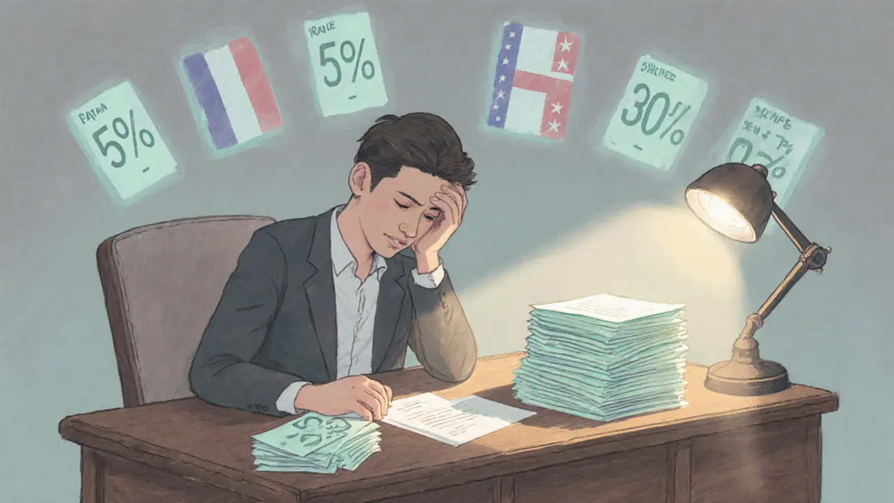 Pastel illustration of high-tax countries with heavy tax documents.