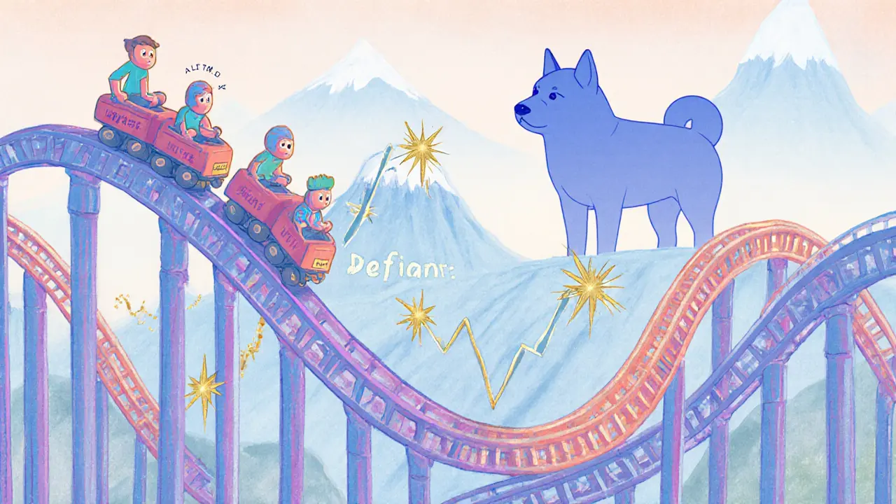 Pastel roller‑coaster graph showing Defiant's price spikes and drops beside larger meme coins.