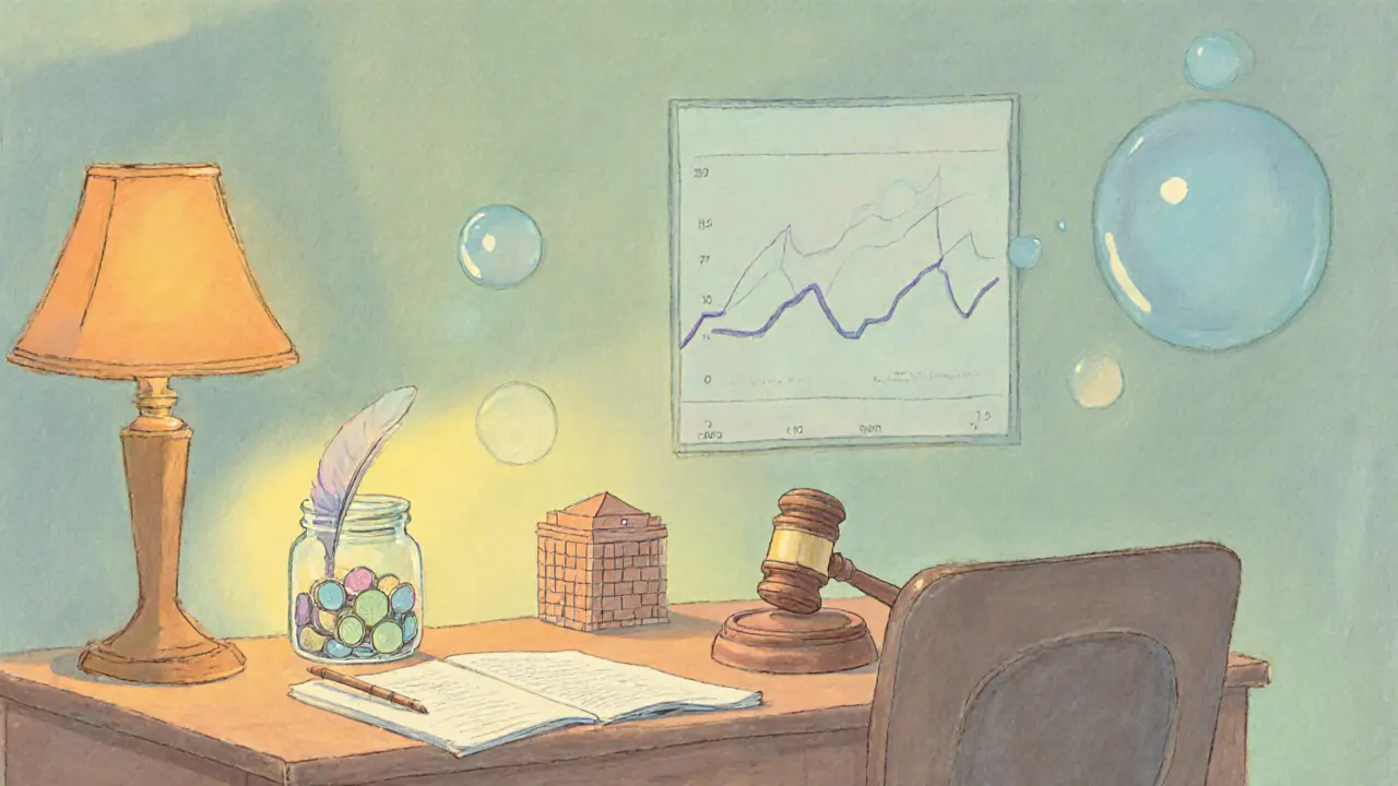 Pastel scene of a person planning during a crypto bear market with stablecoins, charts, and regulatory symbols.