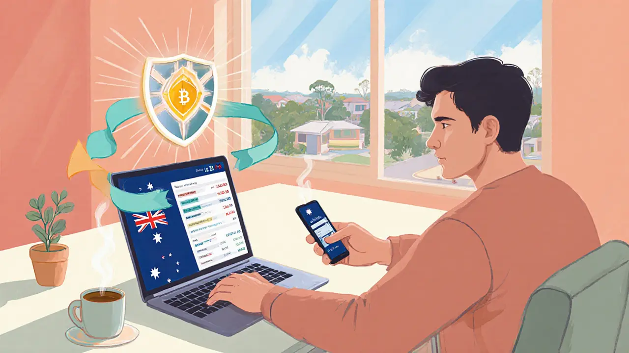 Pastel scene of an Australian consumer confidently using a licensed crypto exchange.