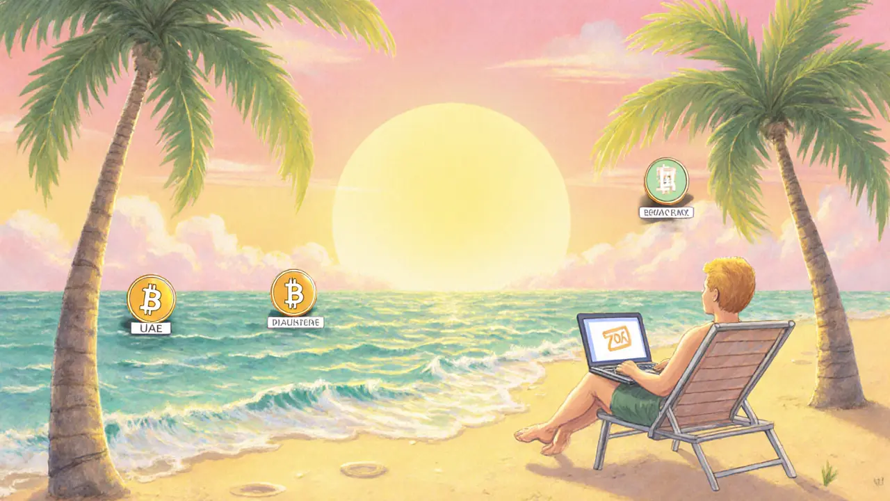 Pastel scene of tax‑free crypto havens on a sunny beach.