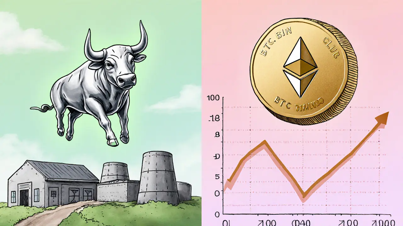 Pastel split scene showing Bull BTC Club NFT mining vs BTC Bull Token token.