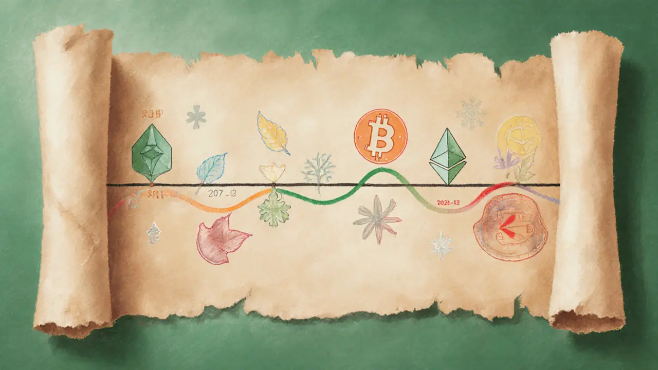 Pastel timeline showing Bitcoin halving events and successive bear market periods.