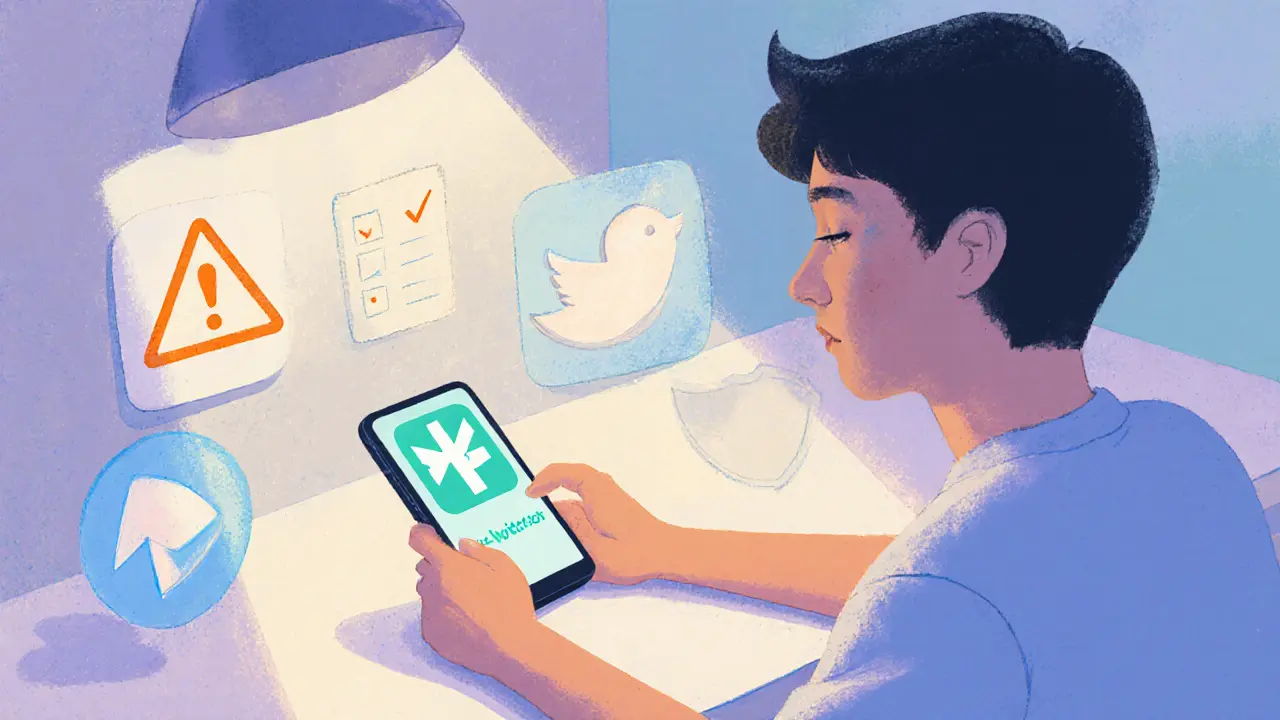 Person at a pastel desk checking phone for Hot Cross updates, surrounded by icons.
