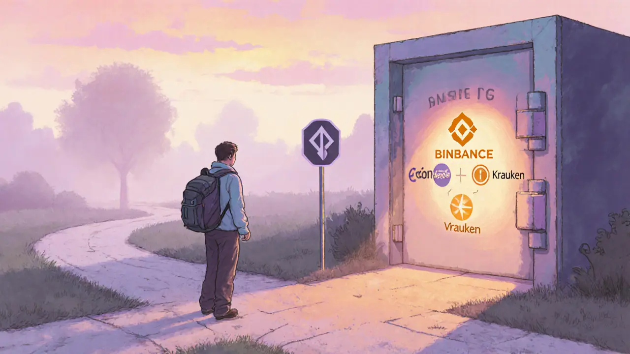 Person choosing between a secure vault of trusted exchanges and a foggy path to VyFinance.