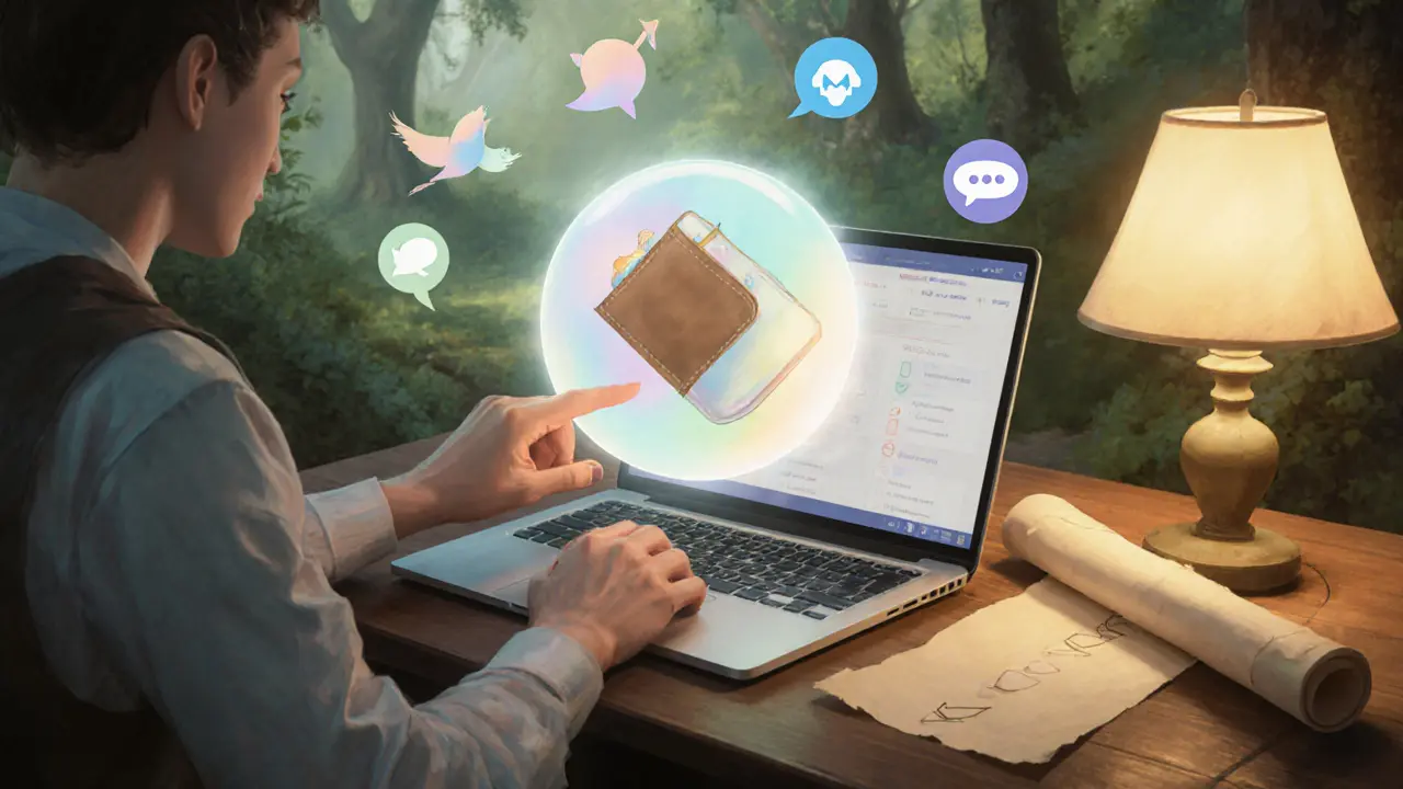 Player connecting a wallet and completing social tasks in pastel style.