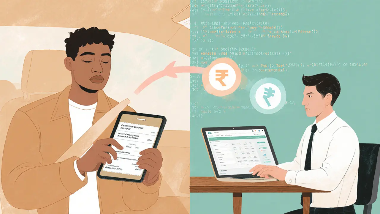 Ride‑share driver sees instant payment; small business owner views loan approval, linked by pastel code.