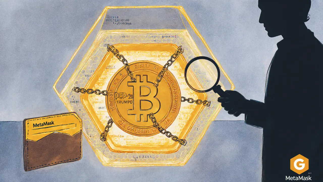 Scene of a trapped crypto token with anti‑sell code represented as chains in pastel tones.