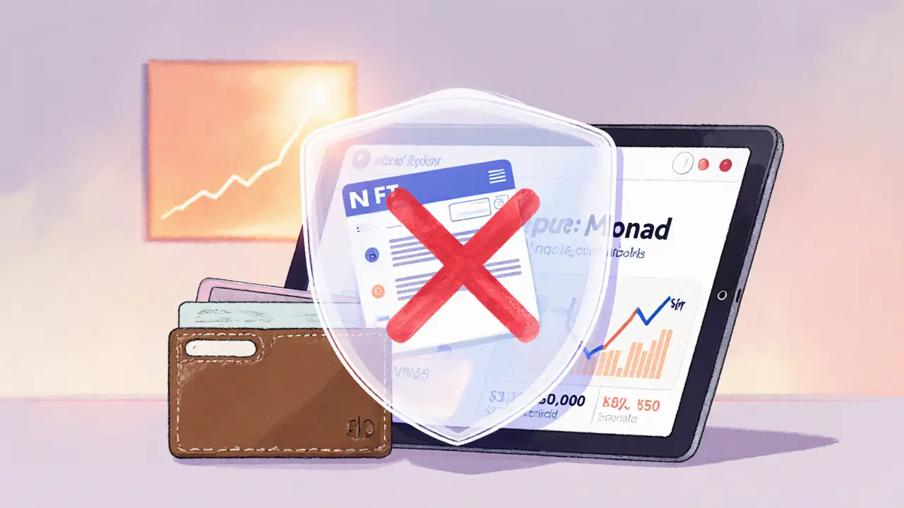 Shield protects a wallet from phishing email, showing Monad Explorer NFT verification.