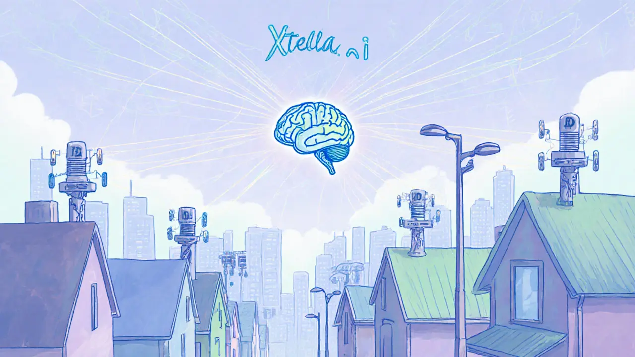 Small base stations connected by pastel light to an AI brain, representing a decentralized mesh.