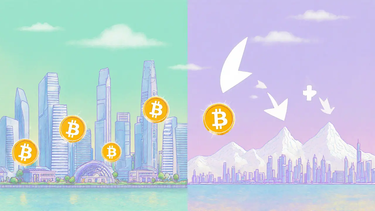Split scene showing Singapore&#039;s streamlined crypto hub and firms moving to Switzerland and UAE.