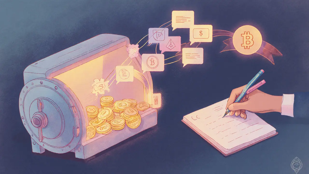 Step‑by‑step pastel scene of deposit into a contract, signed messages passing, and final settlement on a ledger.