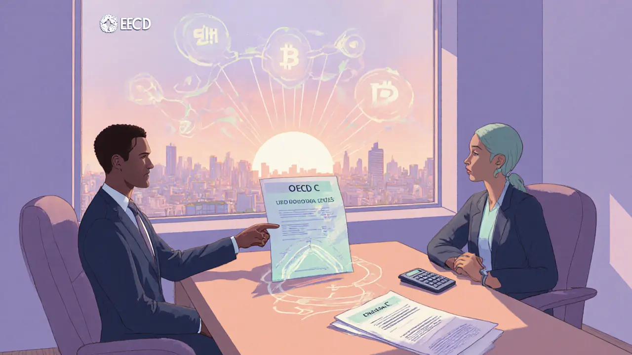 Tax adviser and business owner discussing crypto compliance, with blockchain symbols and a hopeful skyline.