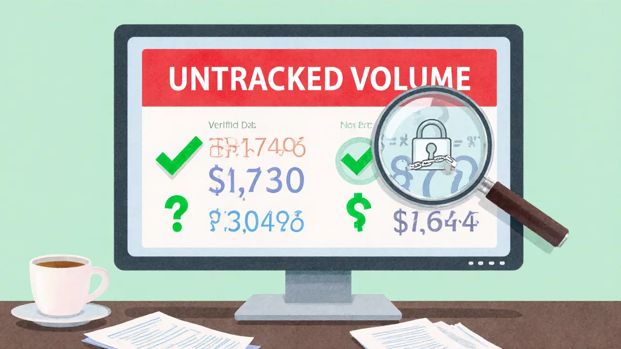 Trader’s desk showing an untracked volume warning, hidden fee icons, and a broken security lock.