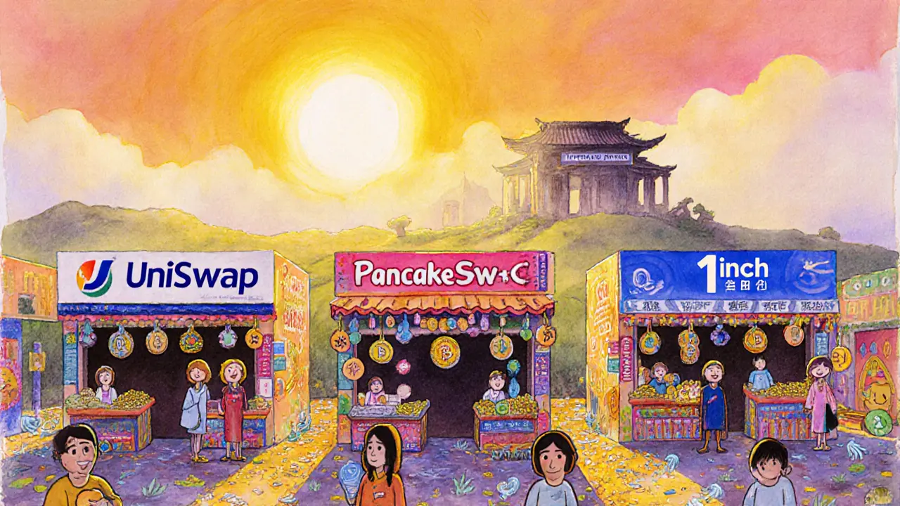 Vibrant active crypto exchanges contrasted with a distant ruined building labeled Amaterasu Finance.