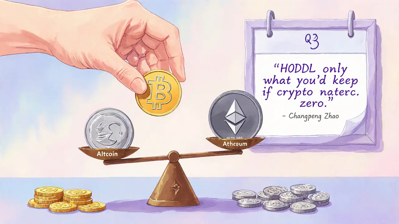 A balanced portfolio being rebalanced with Bitcoin and Ethereum coins, while altcoins are set aside in soft pastel style.