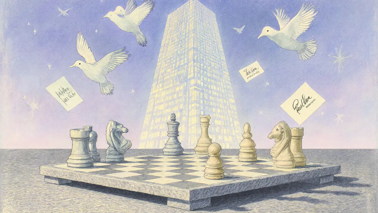 A chess game with signed payment notes floating above the board, while a distant Bitcoin blockchain glows in the background.