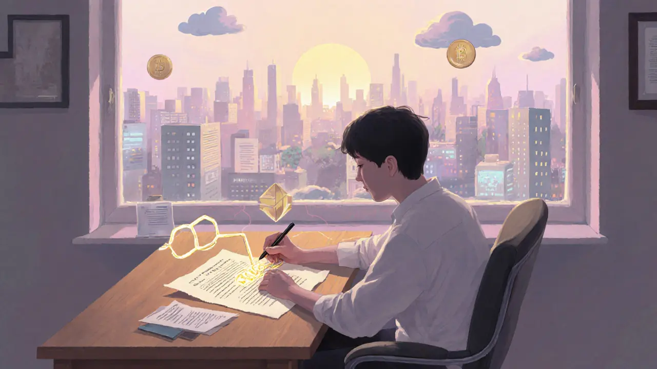 A developer sketching a smart contract that becomes a blockchain, with a digital city visible through the window.