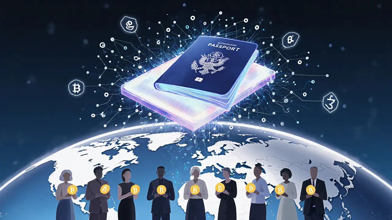 A digital passport above a globe, symbolizing secure, decentralized identity verification.