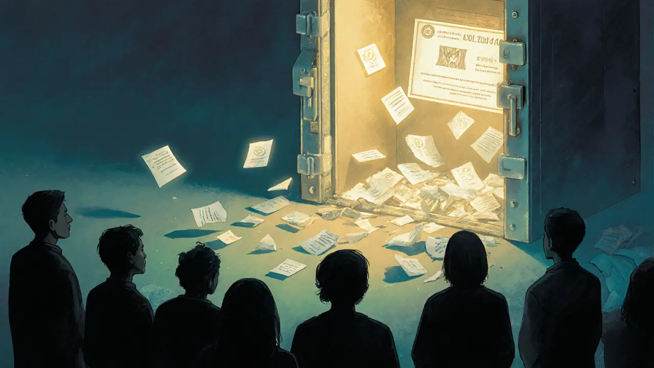 A digital vault with verified IDs glowing as old documents fade away, users watching from afar in pastel light.