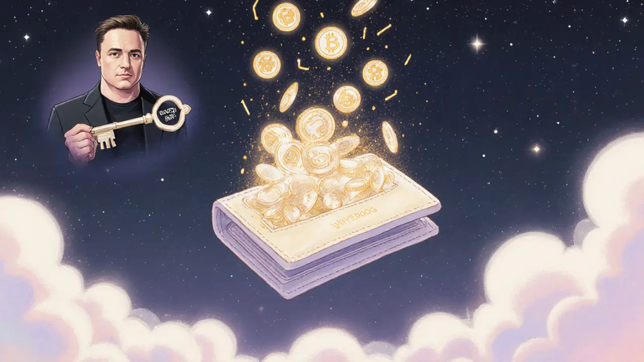 A floating wallet filling with glowing tokens under a starry sky, with a shadowy figure holding a locked key.