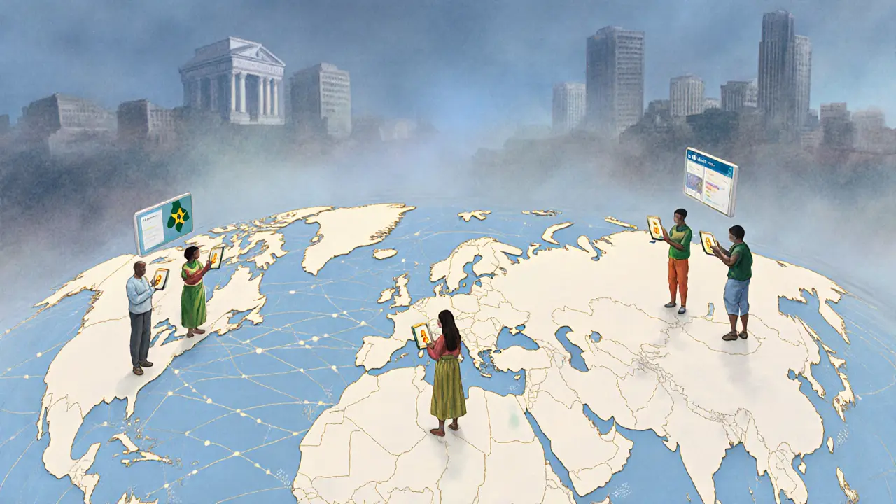 A global map lit by light threads, showing diverse users interacting with dApps while banks fade away.