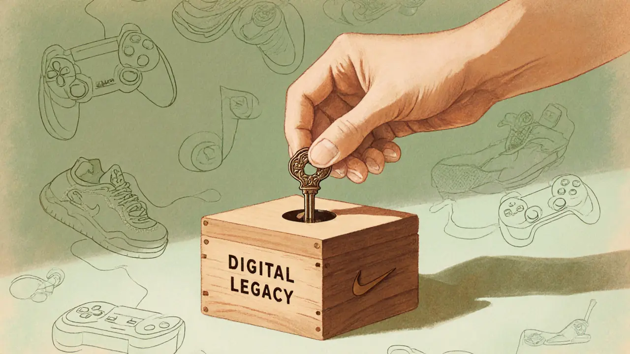 A hand placing a key-shaped NFT into a wooden box labeled &#039;Digital Legacy&#039; with fading digital icons.